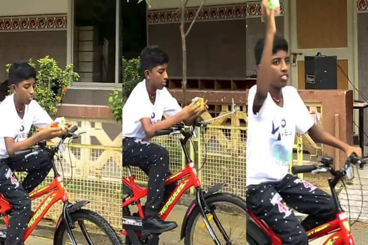 Chennai boy creates World Record by solving Rubik cube in 14.32 seconds while pedalling bicycle!
