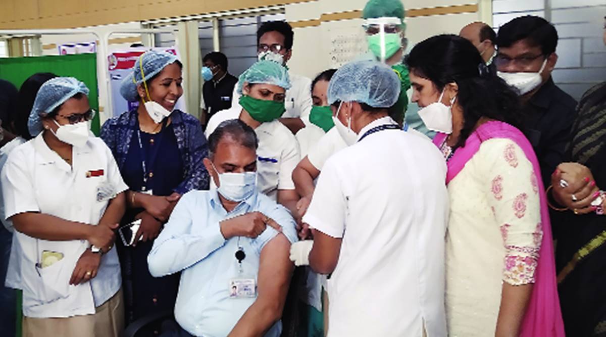 YCMH Dean Dr Rajendra Wable gets vaccinated on Saturday.