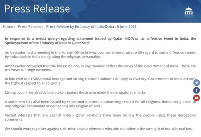 India informs Qatar that two anti-Islamic tweets were job of fringe elements, action has been taken against them