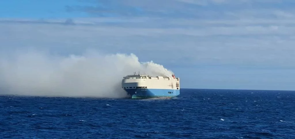 Burning ship carrying 4,000 Volkswagen cars adrift in Atlantic as crew is evacuated