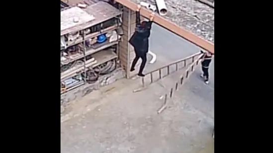 Watch: Brave little boy saving his mother as ladder falls
