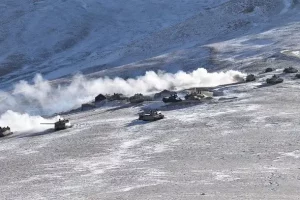 Indian Army carries out drills with tanks and combat vehicles on Indus river in Ladakh