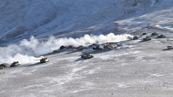 Indian Army carries out drills with tanks and combat vehicles on Indus river in Ladakh