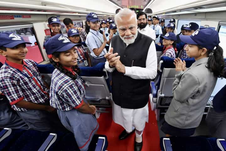 Watch: PM Modi mingles with Mumbai children aboard brand new Vande Bharat train