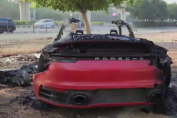 Watch: Speeding Porsche sports car rams into tree and catches fire in Gurugram
