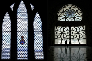 Latticed Window and Floral Reflections